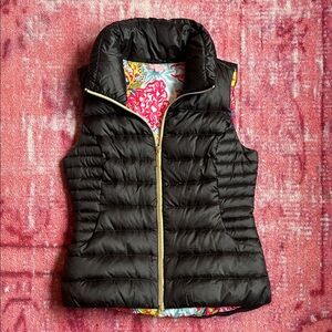 Lilly Pulitzer Black Quilted Puffer Vest with Coral Lining